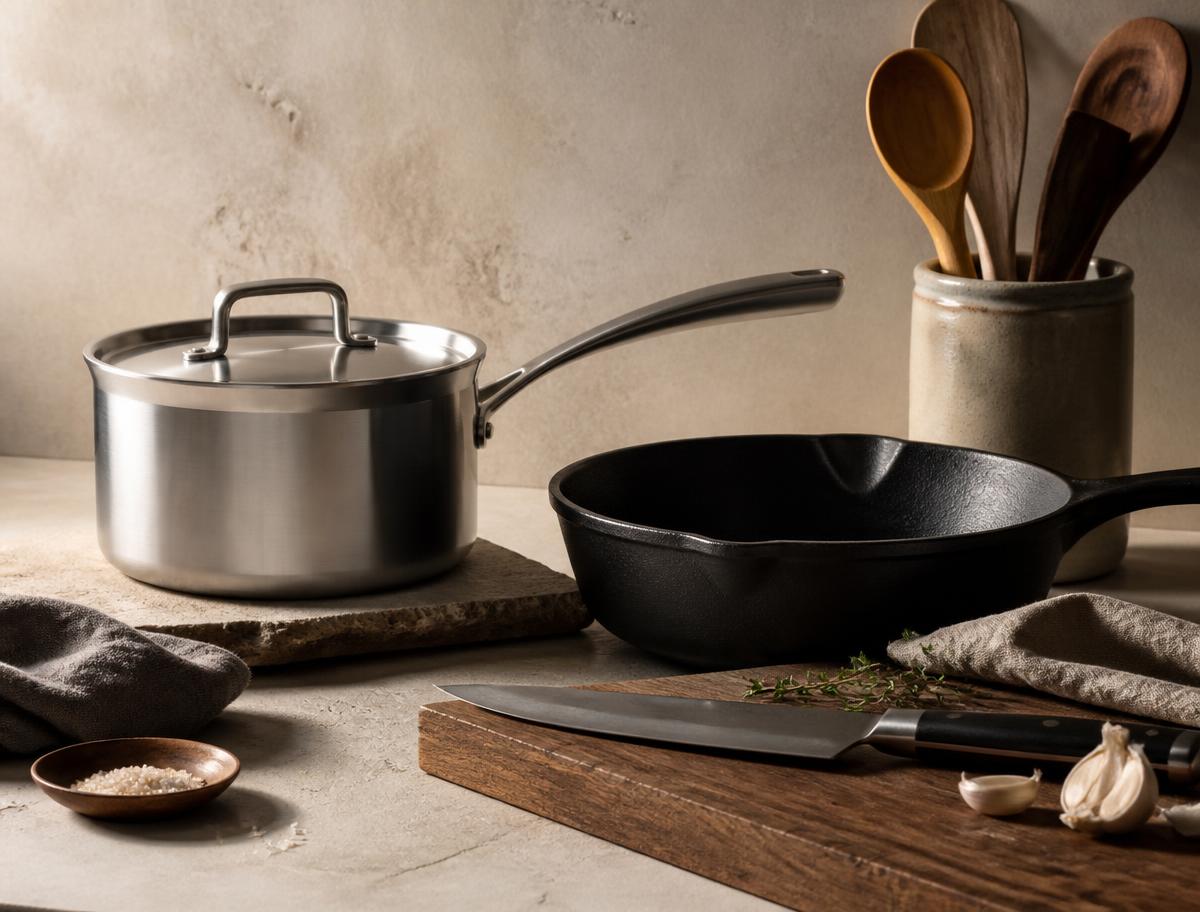 Saucepan, skillet and chef knife arranged on a stone counter