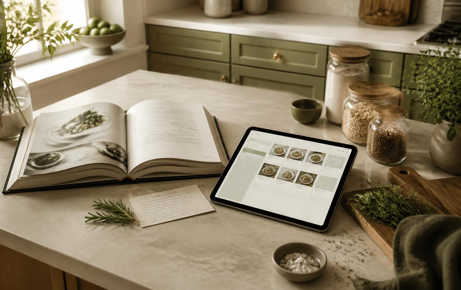 Digital recipe organizer beside an open cookbook in a warm kitchen