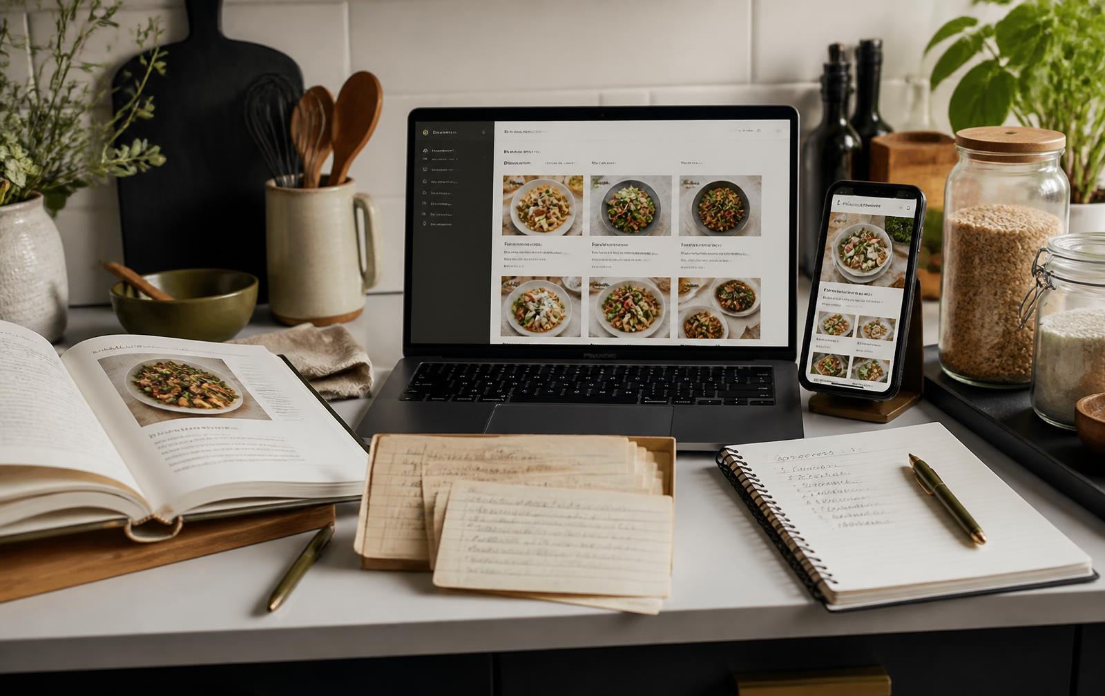 Laptop and phone displaying a synchronized recipe collection